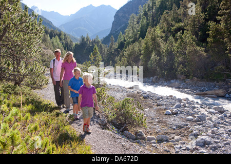 Family, walking, hiking, national park, Ofenpass, nature, Il Fuorn, wood, forest, canton, GR, Graubünden, Grisons, family, footp Stock Photo