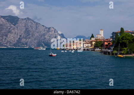 Malcesine, lake Garda, town, city, Italy, Europe, lake, lakes, mountains, boats Stock Photo