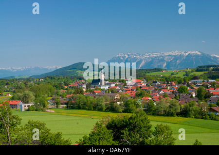 Germany, Europe, Bavaria, Upper Bavaria, Teisendorf, Rupertiwinkel, Rupertiwinkl, panorama, church, steeple, Untersberg, Hochsta Stock Photo