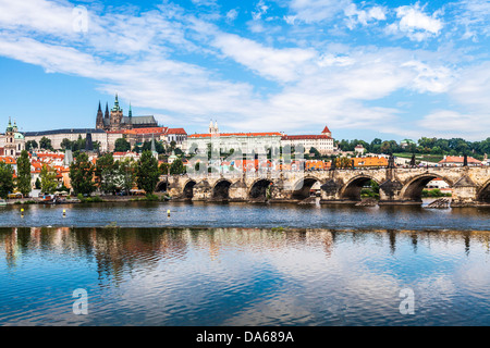 View over the River Vltava towards the Castle, St Vitus Cathedral and Charles Bridge, Czech Republic. Stock Photo