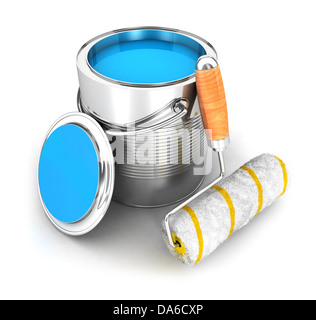 3d paint can and a roller brush, isolated white background, 3d image Stock Photo