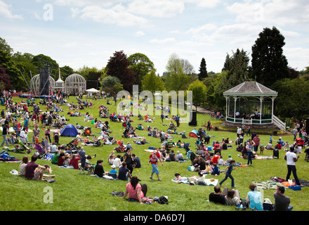 People enjoying Birmingham Botanical Gardens on a sunny Sunday afternoon. Stock Photo