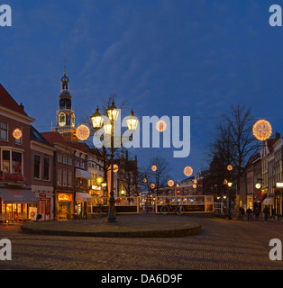 Holland, Netherlands, Europe, Alkmaar, Christmas, historic, city, village, winter, night, evening, Stock Photo