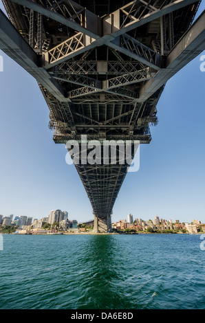 A unique view of the underbelly of the iconic Sydney Harbour Bridge which spans from downtown to North Sydney. Stock Photo