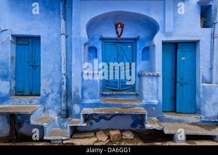 Blue painted house facade, doors Stock Photo