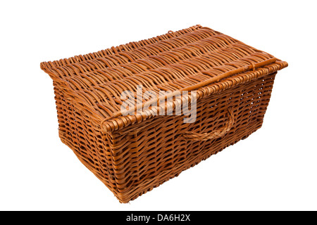 summer, traditional wicker basket picnic hamper, closed Stock Photo