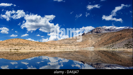 Mountain lake in Himalayas with reflection panorama. Dhankar, Spiti valley, Himachal Pradesh, India Stock Photo