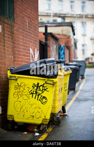 Rubbish bins on a back alley between terraced houses in Saltaire Stock ...