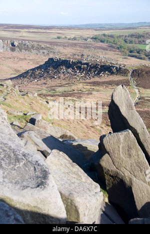 Carl Wark, an iron age hill fort on Hathersage Moor framed amidst rocks and boulders of Higger Tor, Peak District, UK Stock Photo