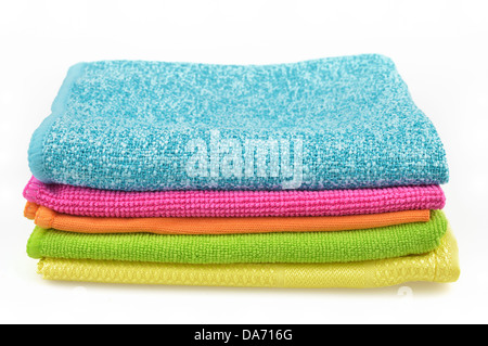 Set of colorful cloths microfiber isolated on white background. Cleaning cloth for different purposes. Stock Photo