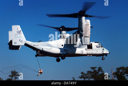 US Marines with Special Operations Training Group conduct helicopter rope suspension training from an Osprey aircraft June 13, 2013 in Camp Lejuene, NC. About 20 Marines took turns directing each other to rappel to become a qualified HRST masters. Stock Photo