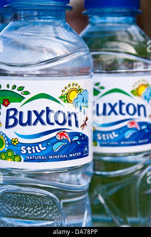 Close-up of two still natural mineral water bottles. Detail and focus on one label. Stock Photo