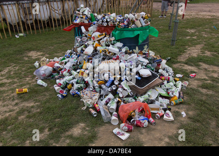 Overflowing rubbish bins at the Glastonbury Festival 2013. Stock Photo