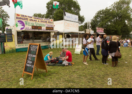 Food stalls at the Glastonbury festival 2013, Pilton, Somerset, England, United Kingdom.. Stock Photo