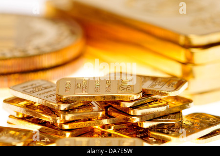 Gold bullion, coins and bars (gold-plated replicas) Stock Photo