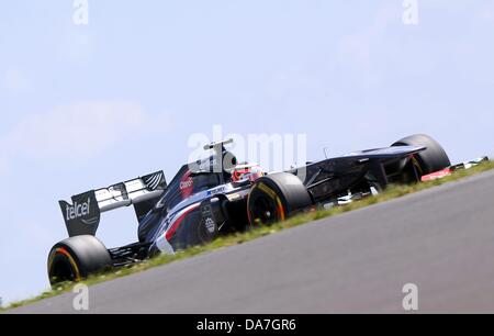 Nuerburg, Germany. 06th July, 2013. Mexican Formula One driver Esteban Gutierrez of Sauber steers his car during the qualifying session on the Nuerburgring, Nuerburg, 06 July 2013. The Formula One Grand Prix of Germany will take place on 07 July 2013. Photo: Jens Buettner/dpa Stock Photo