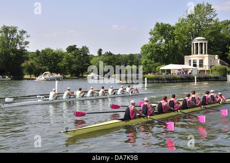 Henley on Thames, UK. 5th July, 2013. Henley Royal Regatta.  The Princess Elizabeth Challenge Cup (JM8+) start  passing  Temple Island behind Abingdon  School (1290 beat Eton College (1390 by 2 3/4 lengths to the finish on the 1/4 finals on Friday. Stock Photo