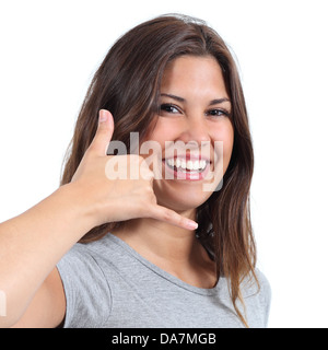 Attractive teenager girl making call me gesture with her hand isolated on a white background Stock Photo
