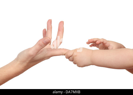 Baby hands grabbing her mother finger isolated on a white background Stock Photo