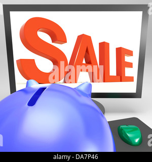 Sale On Monitor Shows Promotional Prices And Discounts Stock Photo