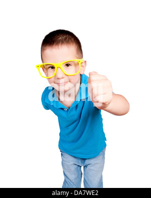 Little boy knocking isolated on white background. Selective focus on the boy head Stock Photo