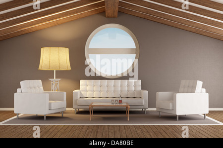 Modern living room in an attic with wooden roof and round window - rendering Stock Photo