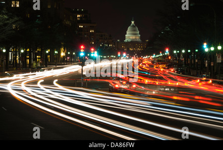 The United States Capitol seen with Pennsylvania Avenue at night in Washington DC, USA, March 10, 2010. (Adrien Veczan) Stock Photo