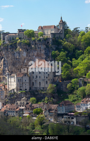 Dramatic view of Rocamadour sanctuaries built into the cliff, tourist attraction in Midi-Pyrenees region of France Stock Photo