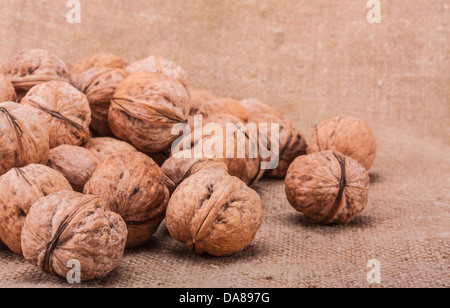 Unshelled walnut lying on sackcloth Stock Photo