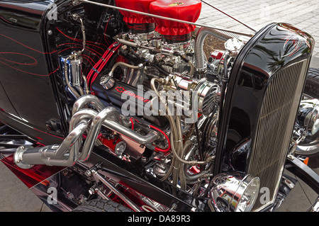 Chevrolet engine in an American hot rod car. Orlando, Florida, USA Stock Photo