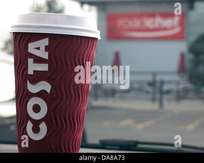 A takeaway cup of Costa coffee at the Roadchef motorway services M5 Strensham southbound Stock Photo