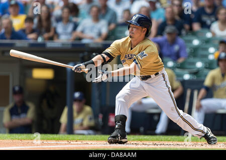 Milwaukee, Wisconsin, USA. 7th July, 2013. July 7, 2013: Milwaukee Brewers right fielder Norichika Aoki #7 strikes out in the first inning during the Major League Baseball game between the Milwaukee Brewers and the New York Mets at Miller Park in Milwaukee, WI. Mets lead the Brewers 2-1 in the 8th inning. John Fisher/CSM. Credit:  csm/Alamy Live News Stock Photo