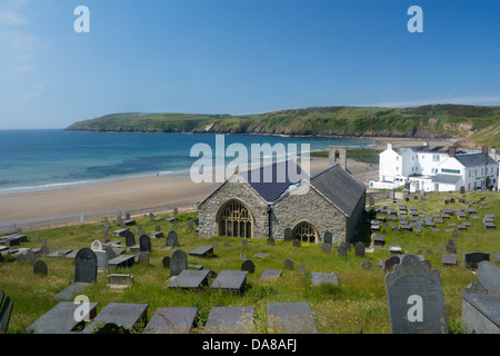 St Hywyn's Church Aberdaron And Aberdaron beach / bay and village Llyn Peninsula Gwynedd North Wales UK Stock Photo