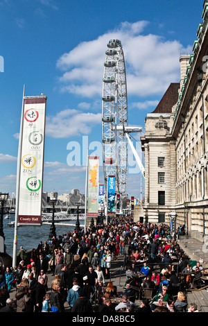 Crowds on the Southbank, London,near the London Eye, April 2013 Stock Photo