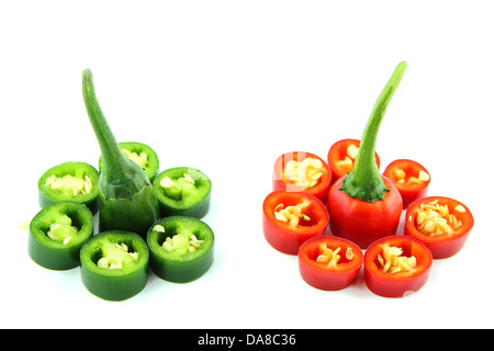 red and green hot chili pepper slices on a white background Stock Photo