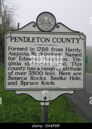 PENDLETON COUNTY Formed in 1788 from Hardy, Augusta, Rockingham. Named for Edmund Pendleton, Virginia statesman-jurist. This county has a range of altitude of over 3500 feet. Here are Seneca Rocks, Smoke Hole, and Spruce Knob. West Virginia Historic Commission, 1964. Stock Photo