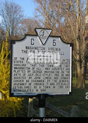 WASHINGTON, VIRGINIA, THE FIRST OF THEM ALL Of the 28 Washingtons in the United States, the 'records very conclusively disclose' tht this town, 'the first Washington of All,' was surveyed and platted by George Washington on the 24th of July (Old Style), 1749 [May 5 New Style]. He was assisted by John Jonem and Edward Corder as chainmen. By the General Assembly of Virginia it was officially established as a town in 1791 and incorporated in 1894. Virginia Conservation Commission, 1950. Stock Photo