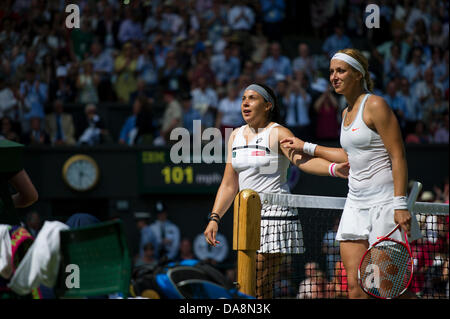 Tennis: Wimbledon Championship 2013, Marion Bartoli of France celebrates championship point during the Ladies' Singles final match against Sabine Lisicki of Germany on day twelve of the Wimbledon Lawn Tennis Championships at the All England Lawn Tennis and Croquet Club on July 6, 2013 in London, England. Credit:  dpa picture alliance/Alamy Live News Stock Photo