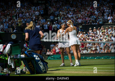 Tennis: Wimbledon Championship 2013, Marion Bartoli of France celebrates championship point during the Ladies' Singles final match against Sabine Lisicki of Germany on day twelve of the Wimbledon Lawn Tennis Championships at the All England Lawn Tennis and Croquet Club on July 6, 2013 in London, England. Credit:  dpa picture alliance/Alamy Live News Stock Photo