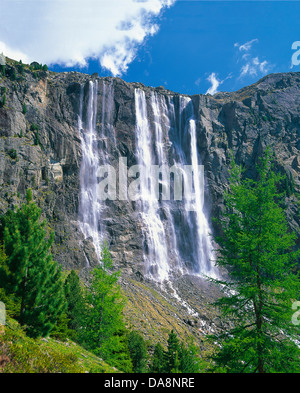 Austria, Europe, Tyrol, uplands, Kaunertal, Fendels, waterfall, water, flowing, blurred, Anton Renk, falls, trees, Swiss Pines, Stock Photo