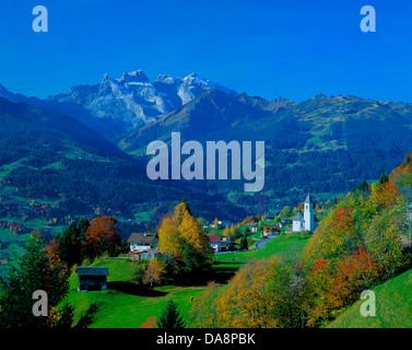 Austria, Europe, Vorarlberg, Montafon, Innerberg, autumn, church, houses, homes, mountains, trees, broad-leaved trees, Rätikon, Stock Photo