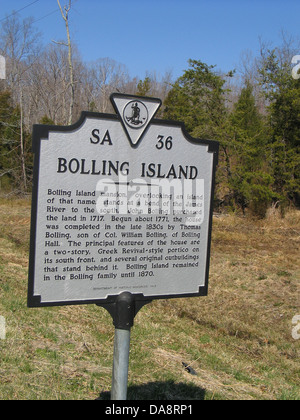 BOLLING ISLAND Bolling Island mansion, overlooking an island of that name, stands at a bend of the James River to the south. John Bolling purchased the land in 1717. Begun about 1771, the house was completed in the late 1830s by Thomas Bolling, son of Col. William Bolling, of Bolling Hall. The principal features of the house are a two-story, Greek Revival-style portico on its south front, and several original outbuildings that stands behind it. Bolling Island remained in the Bolling family until 1870. Department of Historic Resources, 1991 Stock Photo
