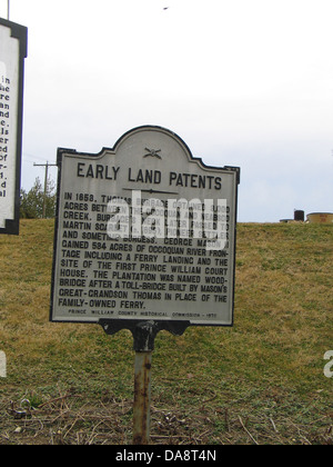 EARLY LAND PATENTS In 1653, Thomas Burbage obtained 8,000 acres between the Occoquan and Neabsco Creek. Burbage's Neck later passed to Martin Scarlet (D. 1695), pioneer settler and sometime Burgess, George Mason II gained 584 acres of Occoquan River frontage on the first Prince William Court House. The plantation was named Woodbridge after a toll-bridge built by Mason's great-grandson Thomas in place of the family-owned ferry. Prince William County Historical Commission - 1976 Stock Photo