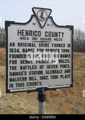 HENRICO COUNTY Area 280 Square Miles An original shire formed in 1634. Named for Henrico Town, founded in 1611, which was named for Henry, Prince of Wales. The Battles of Seven Pines, Savage's Station, Glendate and Malvern Hill, 1862, took place in this county. Conservation & Development Commission, 1928 Stock Photo