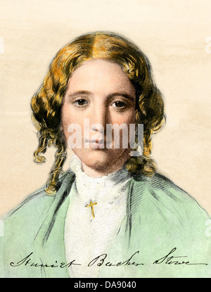 Harriet Beecher Stowe in 1853, with her signature. Hand-colored woodcut Stock Photo