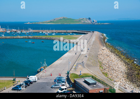 East Pier jetty breakwater with Ireland's Eye island in background Howth peninsula near Dublin Ireland Europe Stock Photo