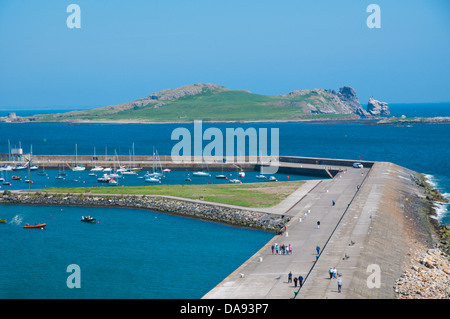 East Pier jetty breakwater with Ireland's Eye island in background Howth peninsula near Dublin Ireland Europe Stock Photo