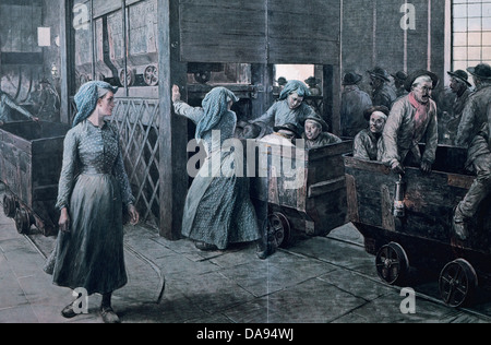 France. Women working inside of a coal mine. The 'moulineuses'. Drawing color. 19th century. Stock Photo