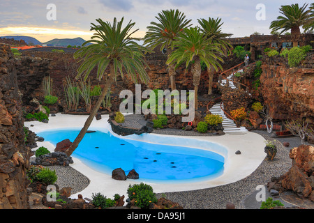 Spain, Europe, Canary Islands, Jameos del Agua, Lanzarote, blue, cactus, plants, cafe, cave, Cesar manrique, contrast, exotic, f Stock Photo