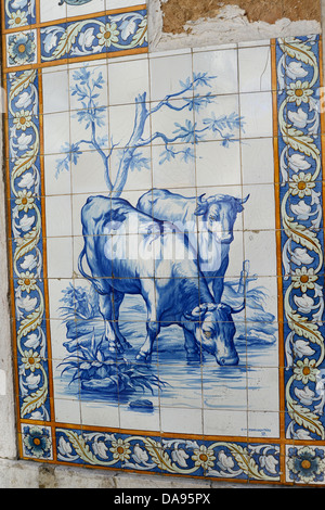 azulejos on facade of butchery Lisbon Portugal Stock Photo